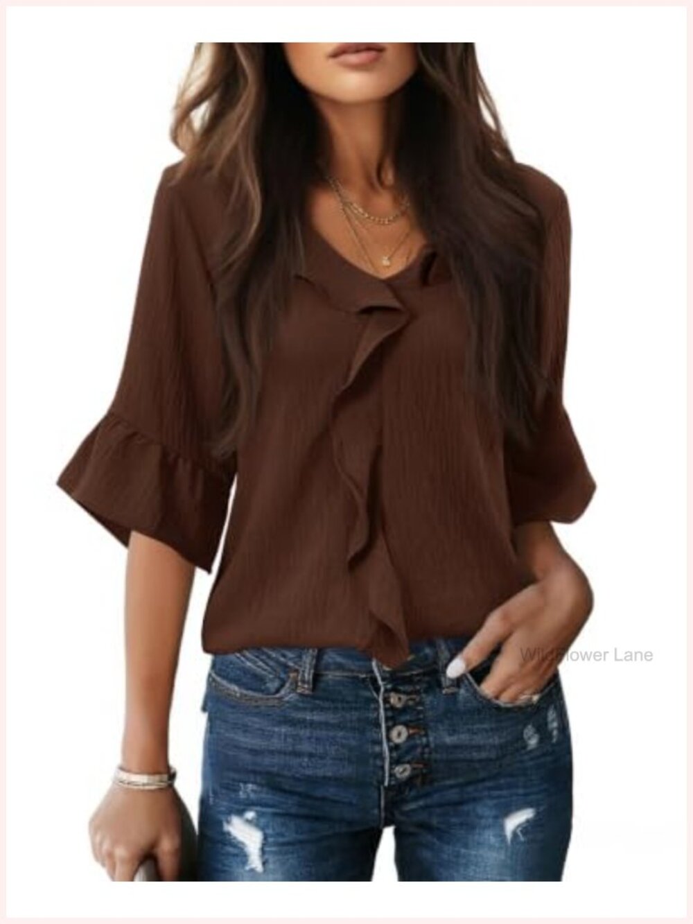 Womens 3/4 Sleeve Ruffle Bell Sleeve V-Neck Blouse Dressy Casual Work Top